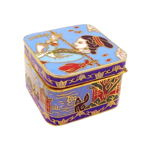 Vintage Oriental Chinese Geisha Cloissone Enamel Pill Trinket Box - Picture 5 of 8